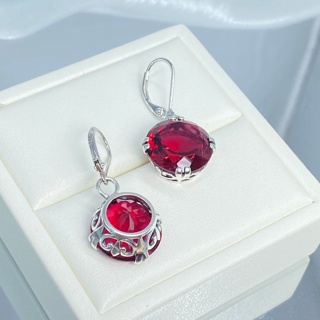 Ruby Red Earrings, Art Deco Vintage Sterling Silver Filigree, F Earrings, E7