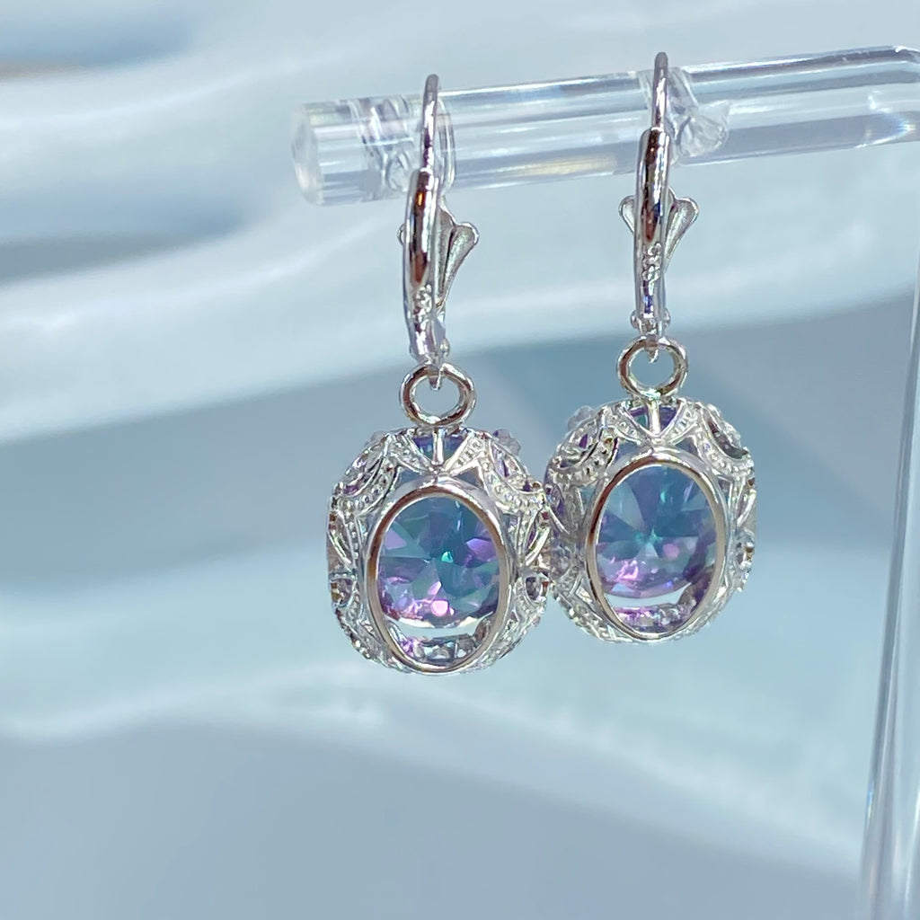 Natural Mystic Topaz Earrings, Sterling Silver Filigree, Edward #E70, Vintage Reproduction Jewelry, Silver Embrace Jewelry