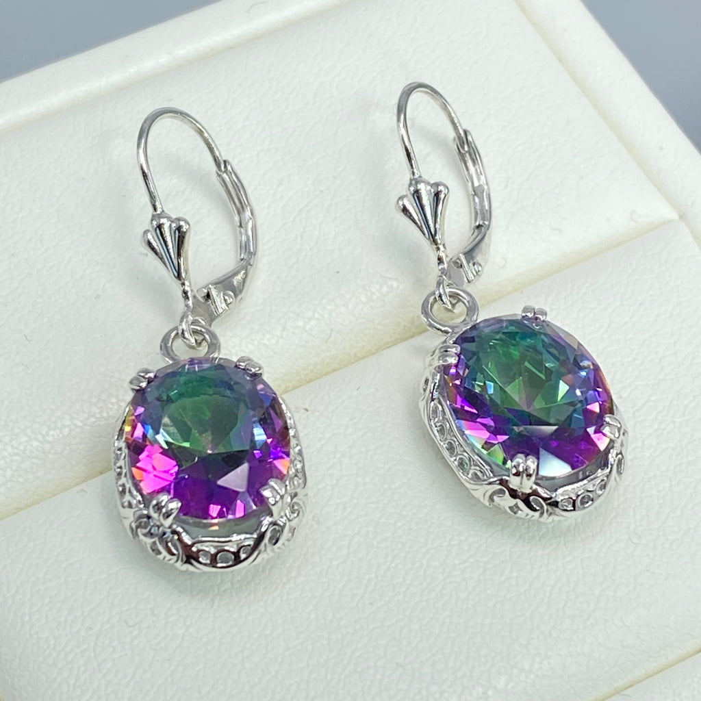 Natural Mystic Topaz Earrings, Sterling Silver Filigree, Edward #E70, Vintage Reproduction Jewelry, Silver Embrace Jewelry