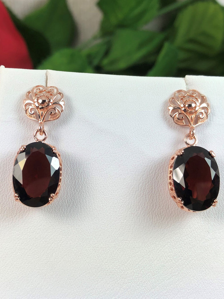 Natural Red Garnet Earrings, Rose Gold plated Sterling Silver Jewelry, Floral post backs, Edward Design, E70, Silver Embrace Jewelry