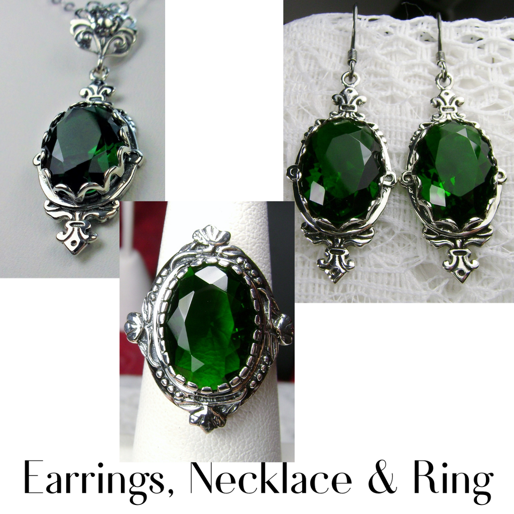Emerald Jewelry Set, Victorian inspired filigree Jewelry, deep green oval gemstones, Pin design S18, Wreath Ring, D74