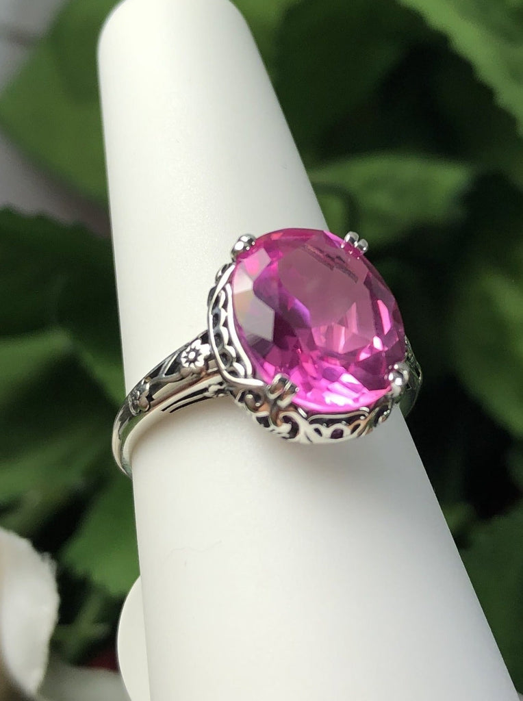 Natural Pink topaz Ring, 3.4 carat oval faceted gemstone, sterling silver floral filigree, Edward design #D70z, offset view on ring form