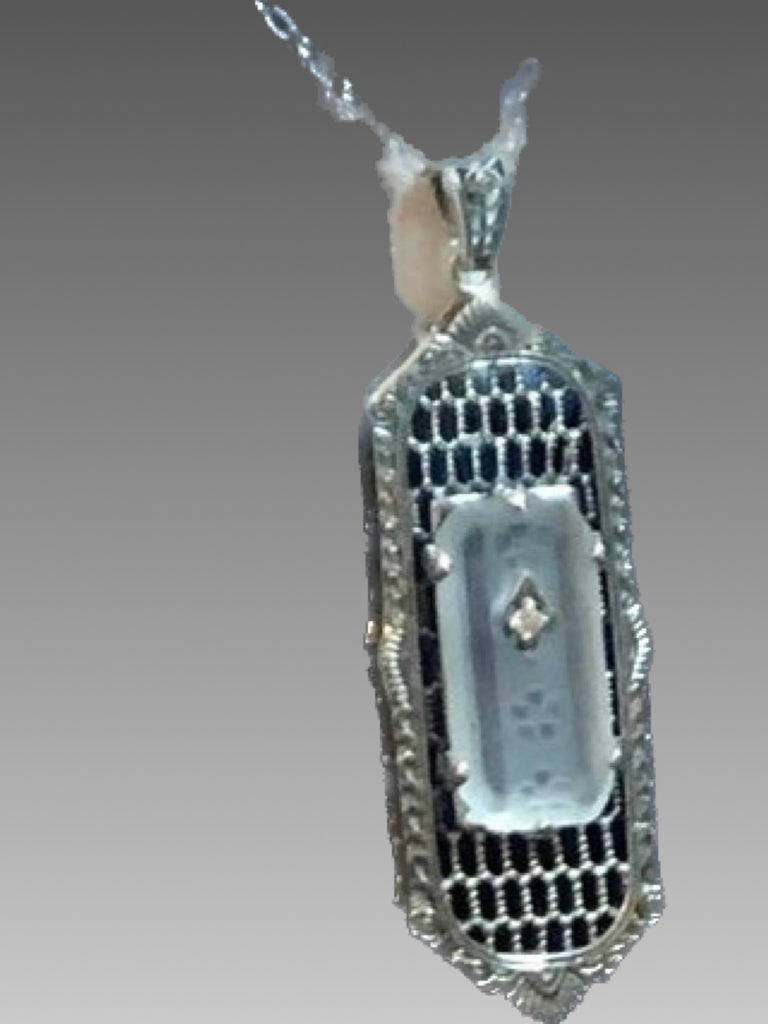 White Camphor Glass Pendant with inset gem, Art Deco Jewelry, Baguette design P16, Silver Embrace Jewelry