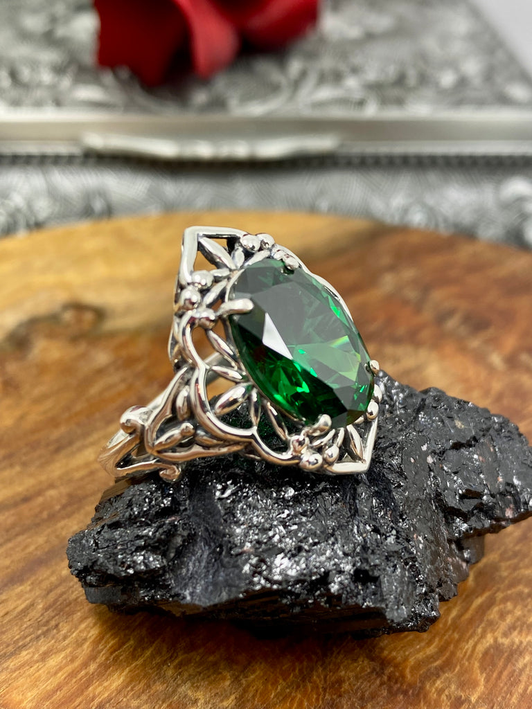 Emerald Green CZ Ring Gothic Filigree Ring - Vintage Style Ring D98 Silver Embrace Jewelry
