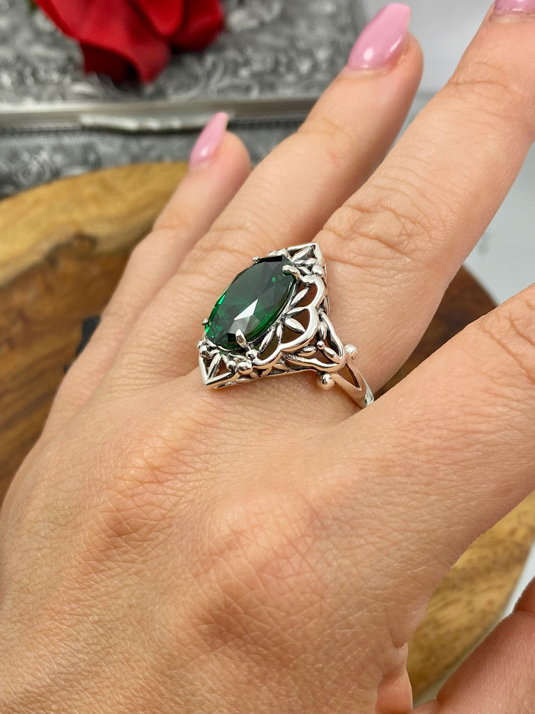 Emerald Green CZ Ring Gothic Filigree Ring - Vintage Style Ring D98 Silver Embrace Jewelry