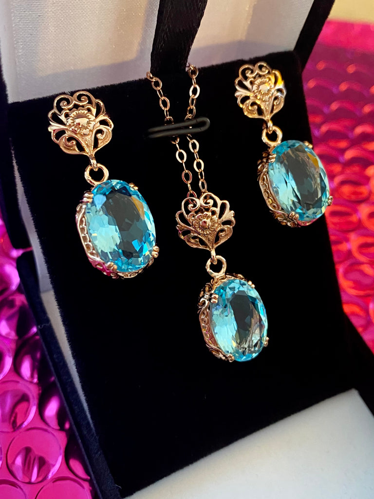 simulated aquamarine Edwardian earrings and pendant necklace rose gold plated sterling silver jewelry set Silver Embrace Jewelry