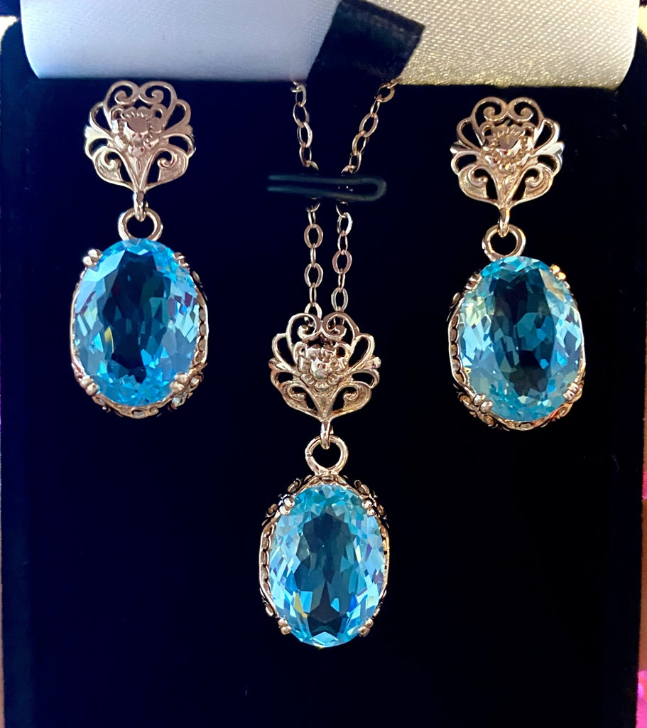 simulated aquamarine Edwardian earrings and pendant necklace rose gold plated sterling silver jewelry set design#70