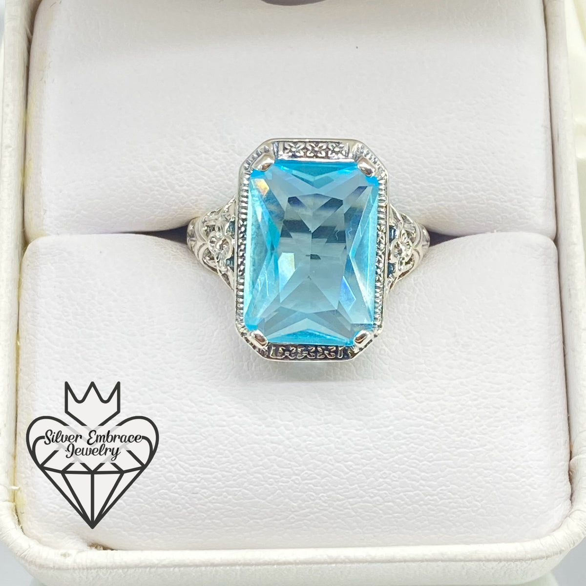 Nine Blue Rings Sky Blue Ring, Size 9 Simulated Cushion Cut Gemstone, Vintage Style Ar ...