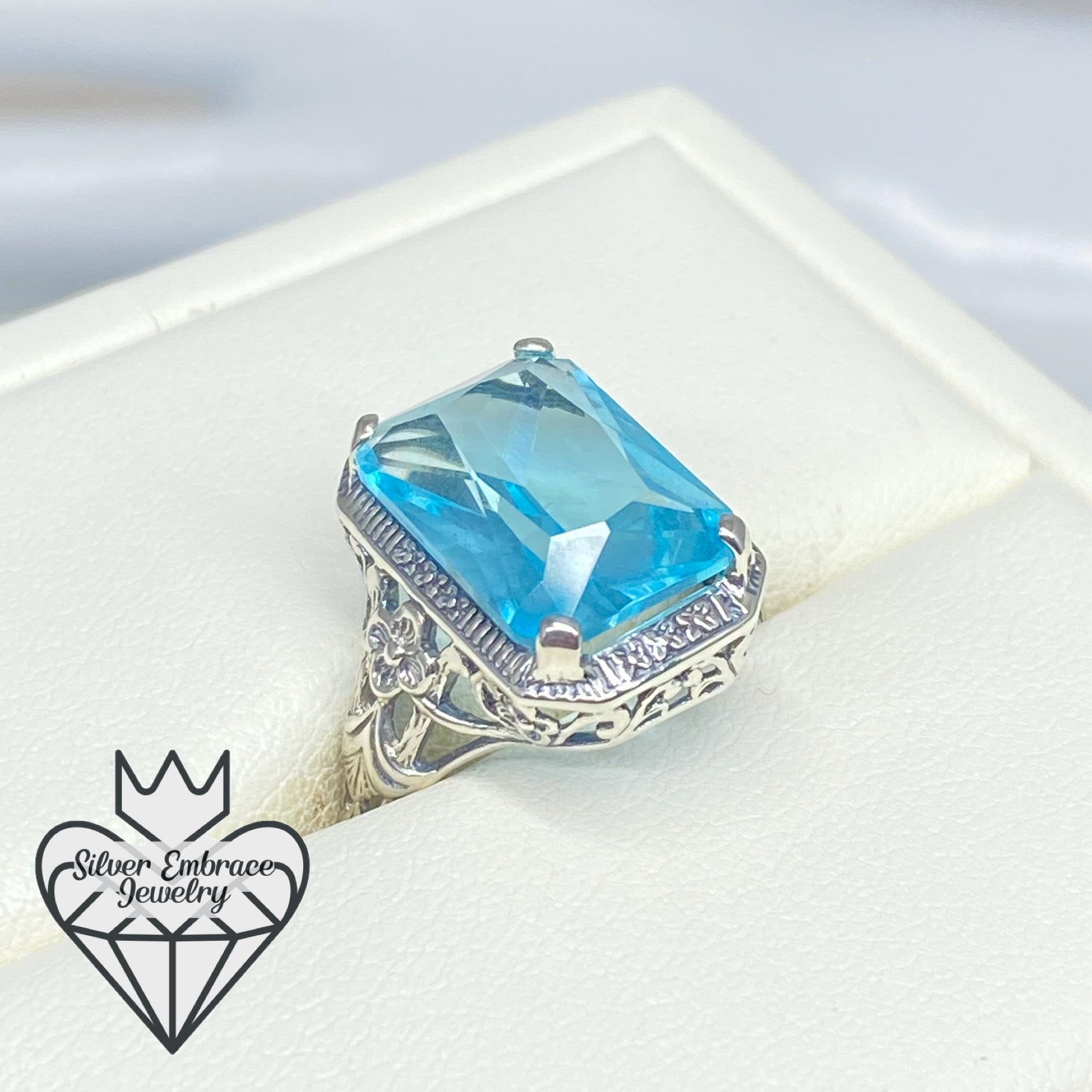 Nine Blue Rings Sky Blue Ring, Size 9 Simulated Cushion Cut Gemstone, Vintage Style Ar ...