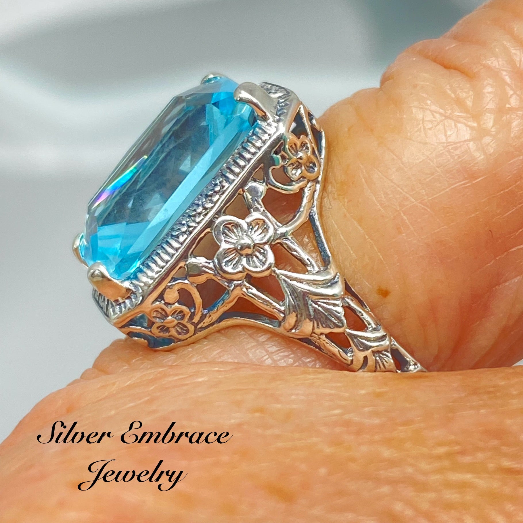 Nine Blue Rings Sky Blue Ring, Size 9 Simulated Cushion Cut Gemstone, Vintage Style Ar ...