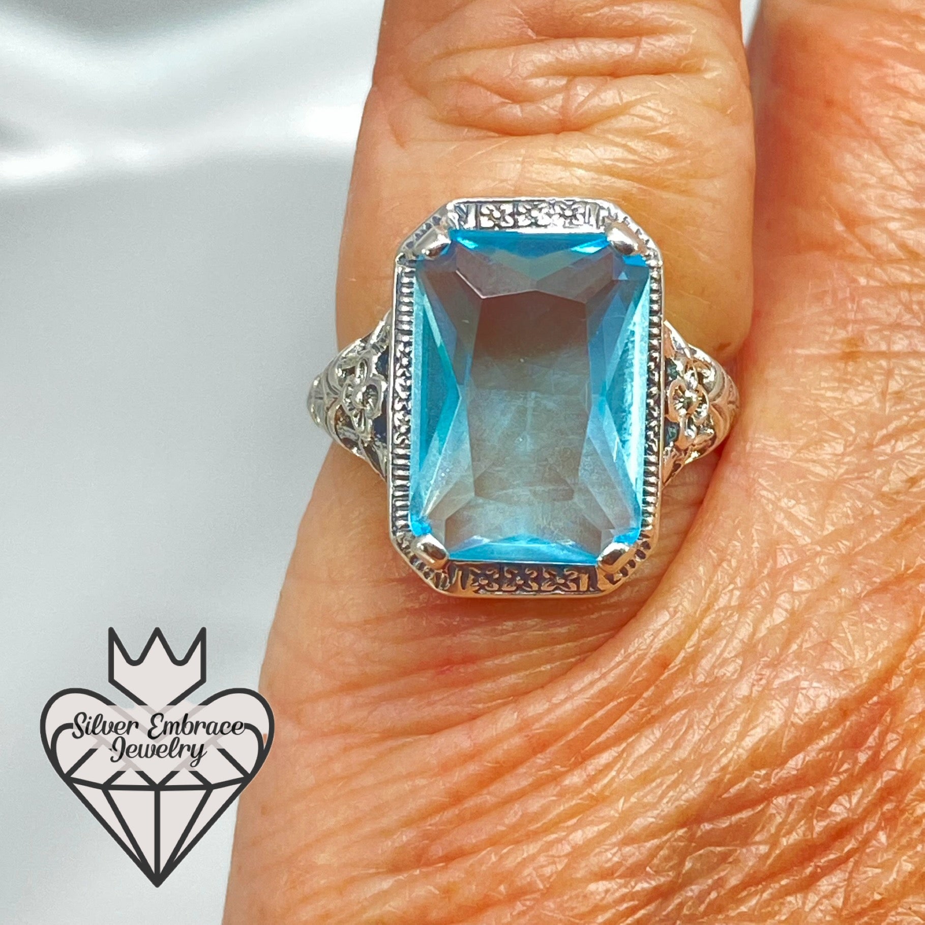 Nine Blue Rings Sky Blue Ring, Size 9 Simulated Cushion Cut Gemstone, Vintage Style Ar ...