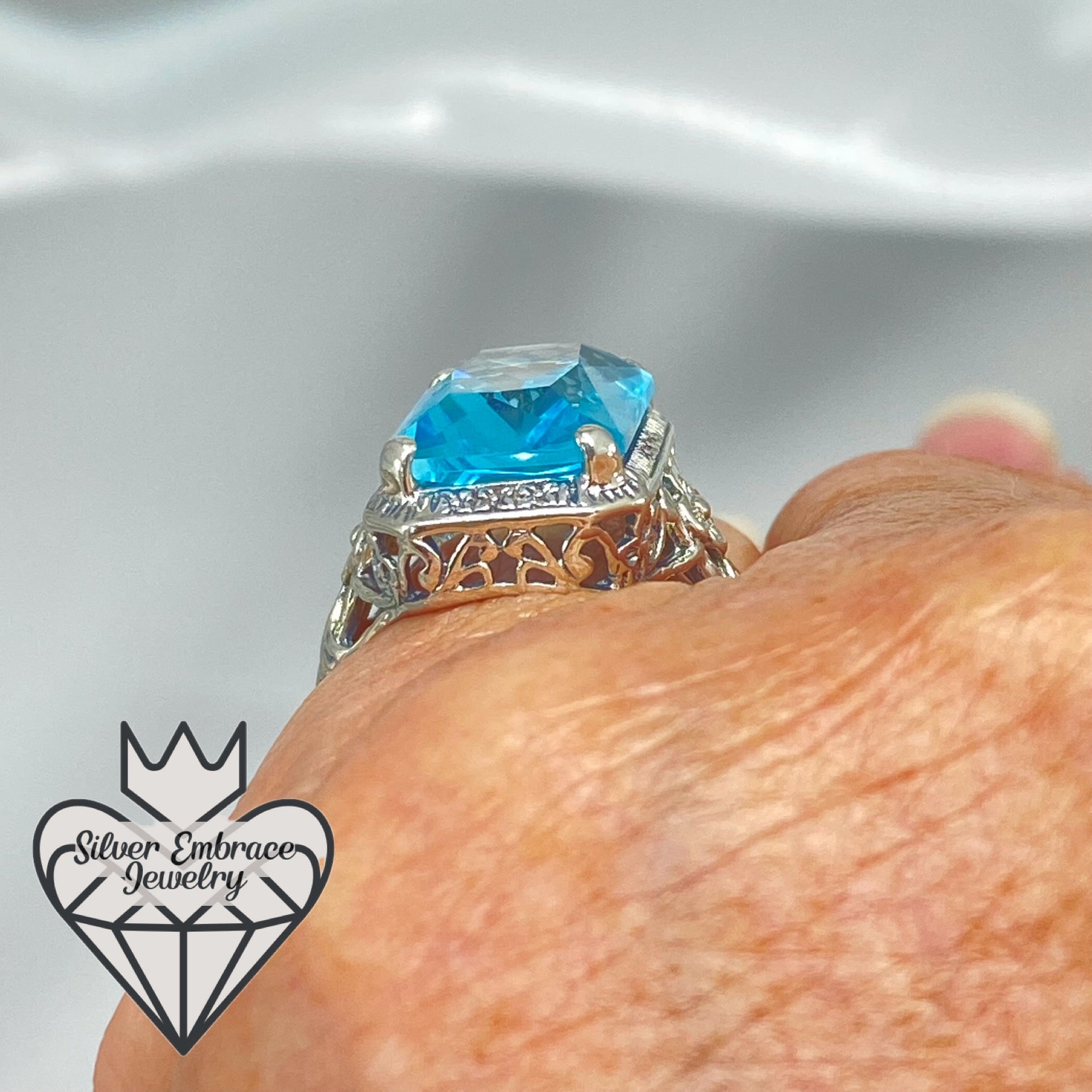 Nine Blue Rings Sky Blue Ring, Size 9 Simulated Cushion Cut Gemstone, Vintage Style Ar ...