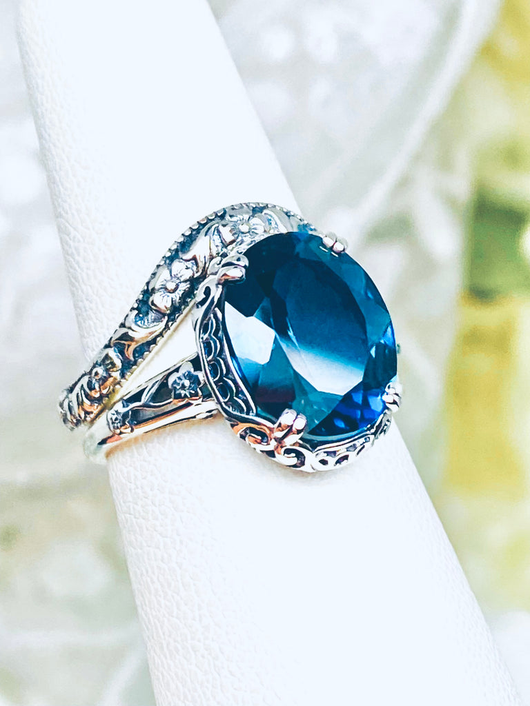 Aquamarine CZ Ring, Edward Ring, Oval Blue Cubic Zirconia gemstone, Sterling silver Edwardian Filigree, Sterling Silver Jewelry, Silver Embrace Jewelry, D70, with High Curve Band D511z