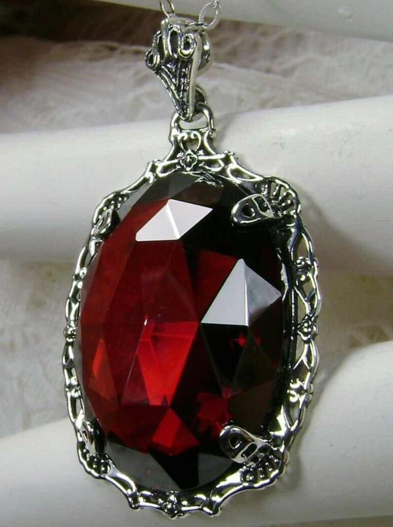 Red Garnet CZ Pendant, Bubble Pendant, Victorian Reproduction Antique Pendant, Sterling silver Filigree Jewelry, Silver Embrace Jewelry, P10