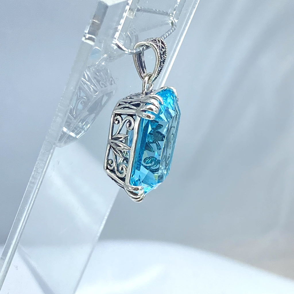 Aquamarine Pendant Necklace, Rectangle Gem, Art Nouveau Era style jewelry, Sterling silver filigree, p109, Silver Embrace Jewelry