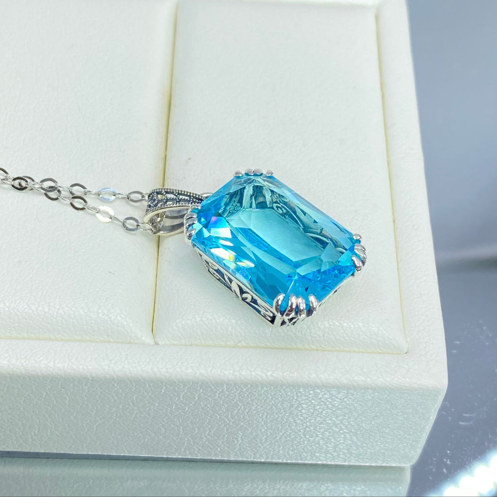 Aquamarine Pendant Necklace, Rectangle Gem, Art Nouveau Era style jewelry, Sterling silver filigree, p109, Silver Embrace Jewelry