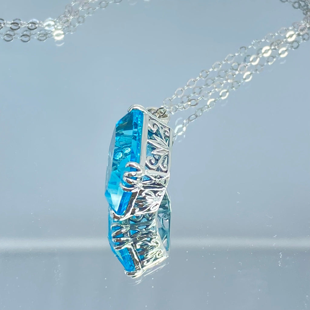 Aquamarine Pendant Necklace, Rectangle Gem, Art Nouveau Era style jewelry, Sterling silver filigree, p109, Silver Embrace Jewelry