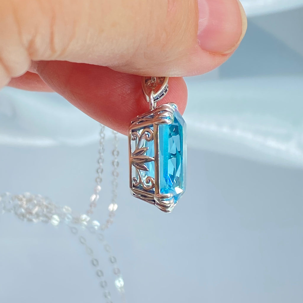 Aquamarine Pendant Necklace, Rectangle Gem, Art Nouveau Era style jewelry, Sterling silver filigree, p109, Silver Embrace Jewelry