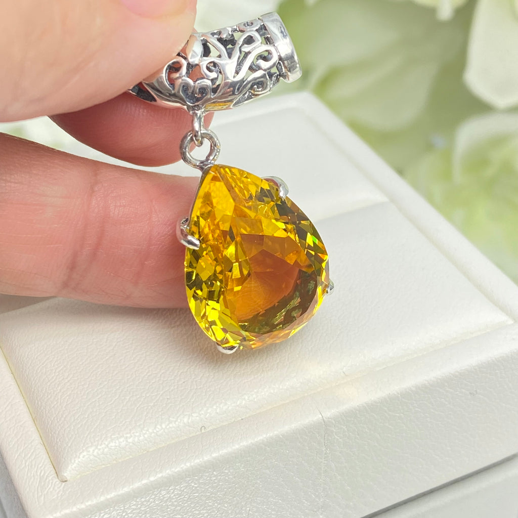 yellow citrine pendant, simulated gemstone, tear drop shape pendant necklace, victorian filigree, P11, Silver Embrace Jewelry