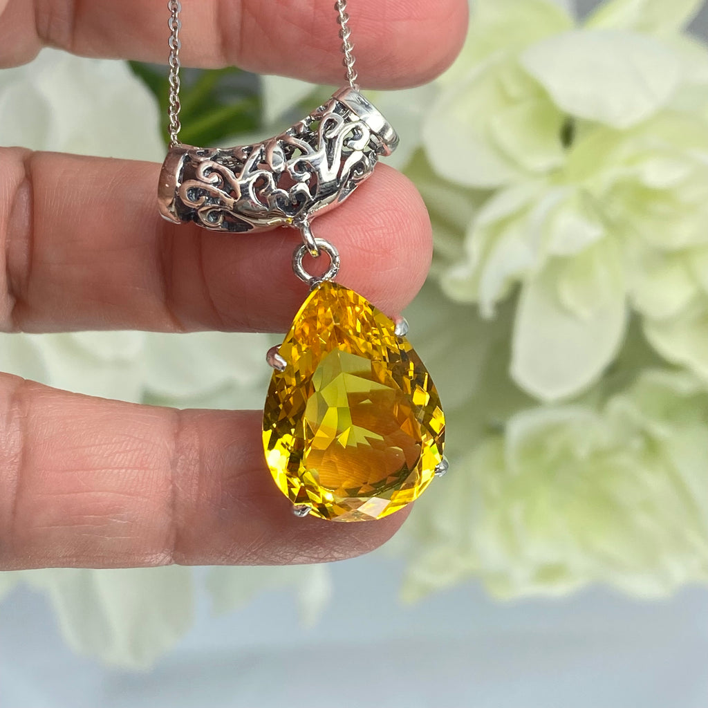 yellow citrine pendant, simulated gemstone, tear drop shape pendant necklace, victorian filigree, P11, Silver Embrace Jewelry