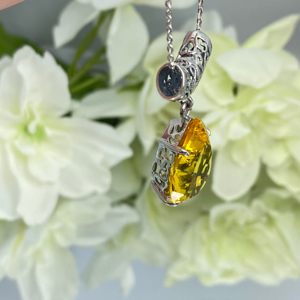 yellow citrine pendant, simulated gemstone, tear drop shape pendant necklace, victorian filigree, P11, Silver Embrace Jewelry