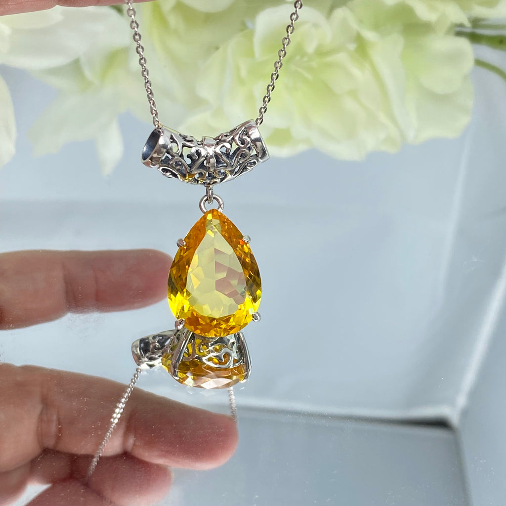 yellow citrine pendant, simulated gemstone, tear drop shape pendant necklace, victorian filigree, P11, Silver Embrace Jewelry