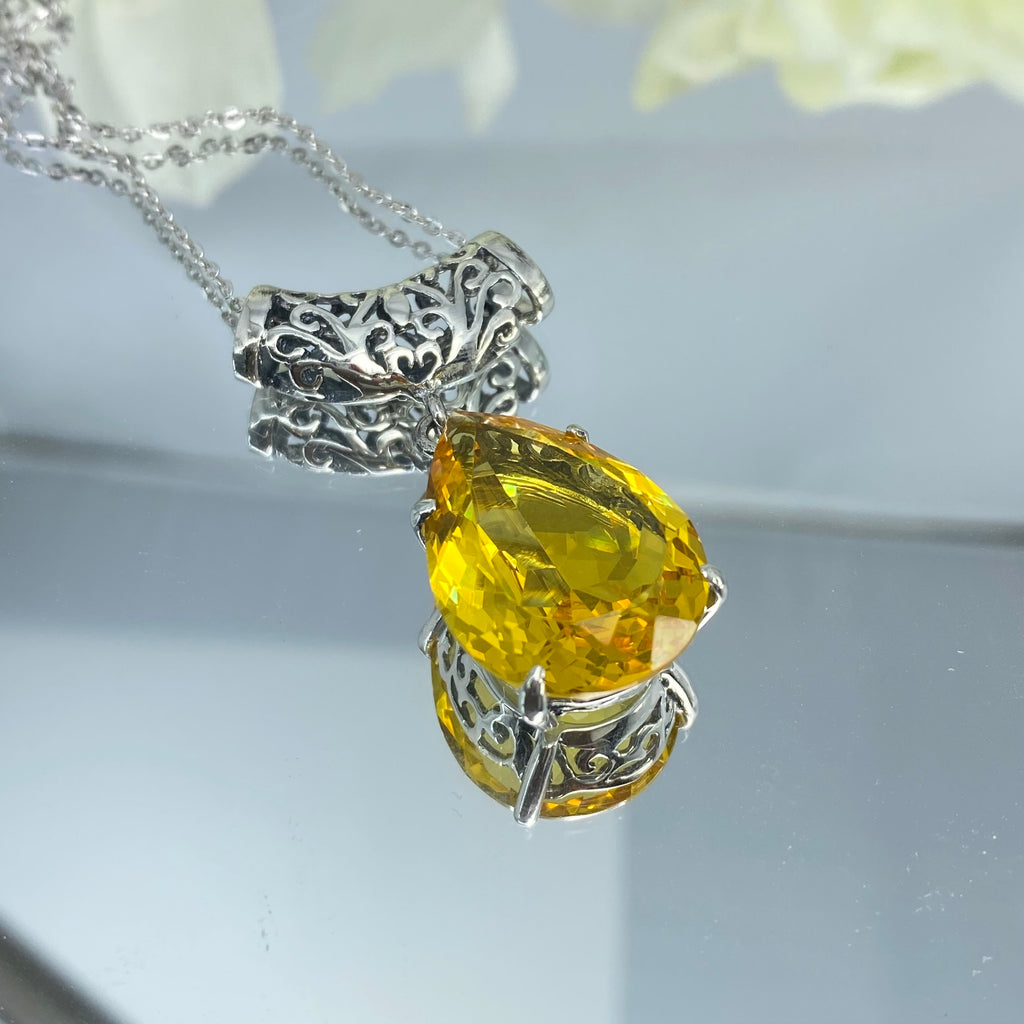 yellow citrine pendant, simulated gemstone, tear drop shape pendant necklace, victorian filigree, P11, Silver Embrace Jewelry