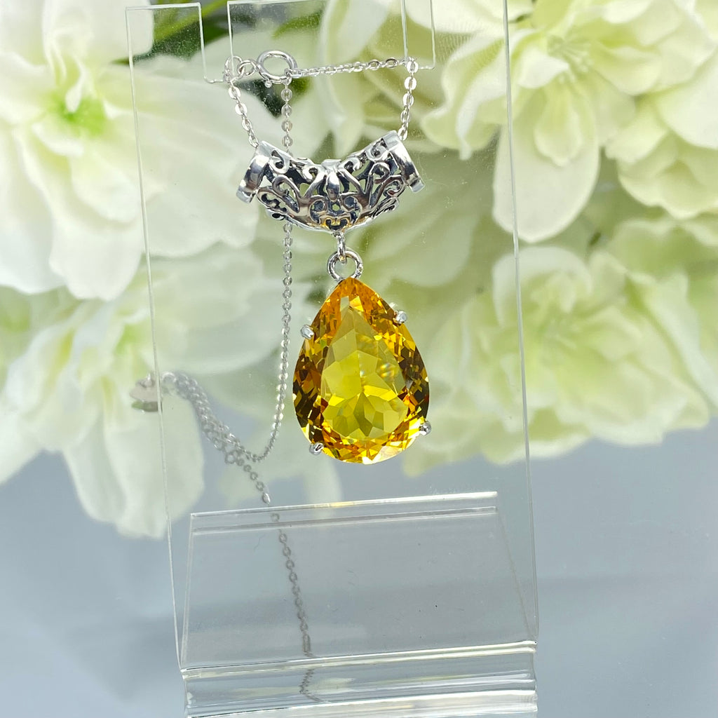 yellow citrine pendant, simulated gemstone, tear drop shape pendant necklace, victorian filigree, P11, Silver Embrace Jewelry