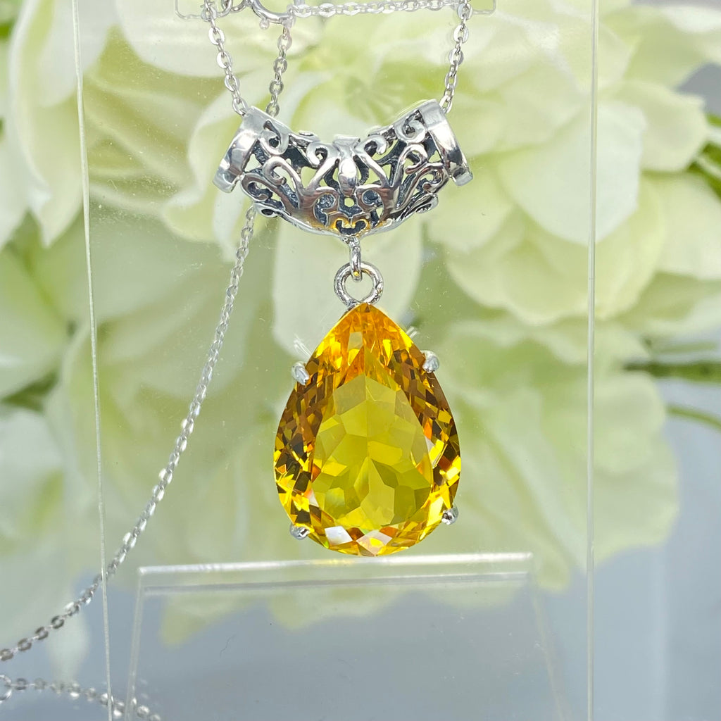 yellow citrine pendant, simulated gemstone, tear drop shape pendant necklace, victorian filigree, P11, Silver Embrace Jewelry