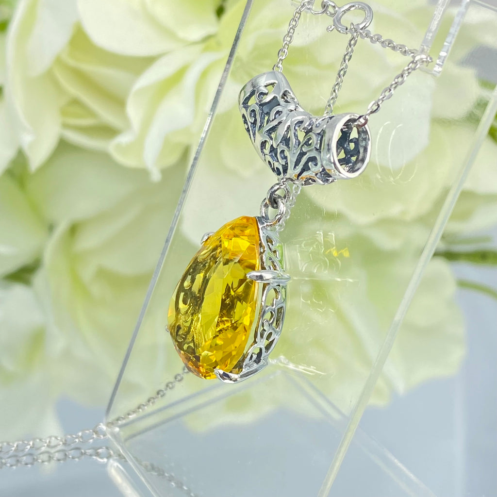 yellow citrine pendant, simulated gemstone, tear drop shape pendant necklace, victorian filigree, P11, Silver Embrace Jewelry