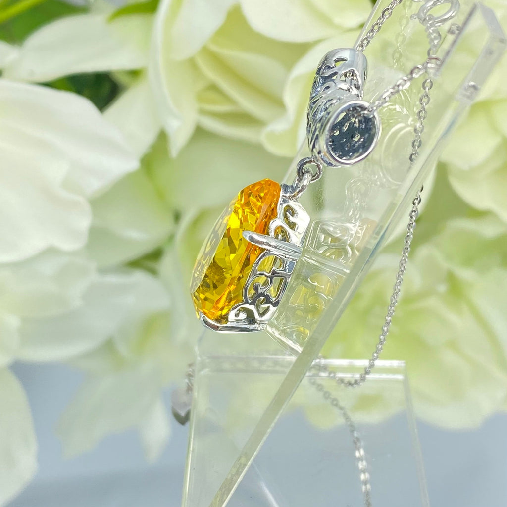 yellow citrine pendant, simulated gemstone, tear drop shape pendant necklace, victorian filigree, P11, Silver Embrace Jewelry