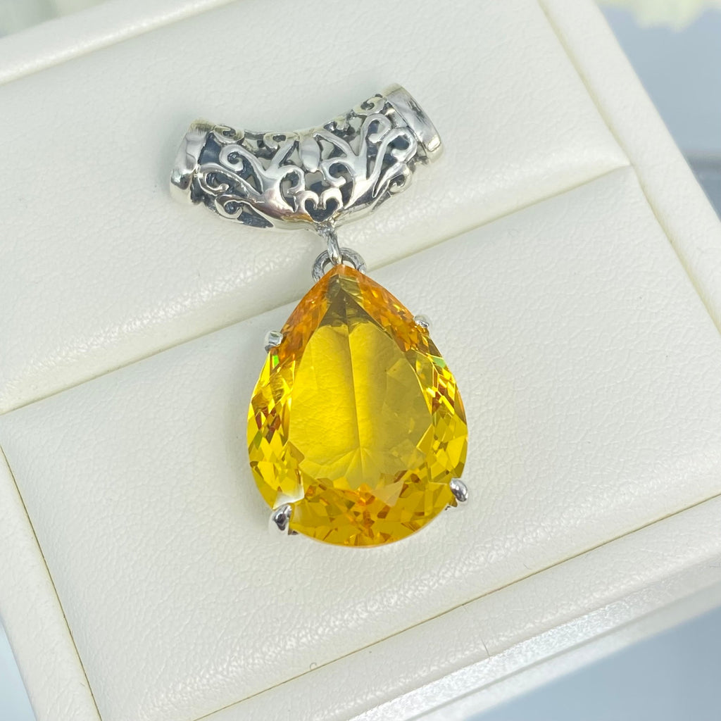 yellow citrine pendant, simulated gemstone, tear drop shape pendant necklace, victorian filigree, P11, Silver Embrace Jewelry