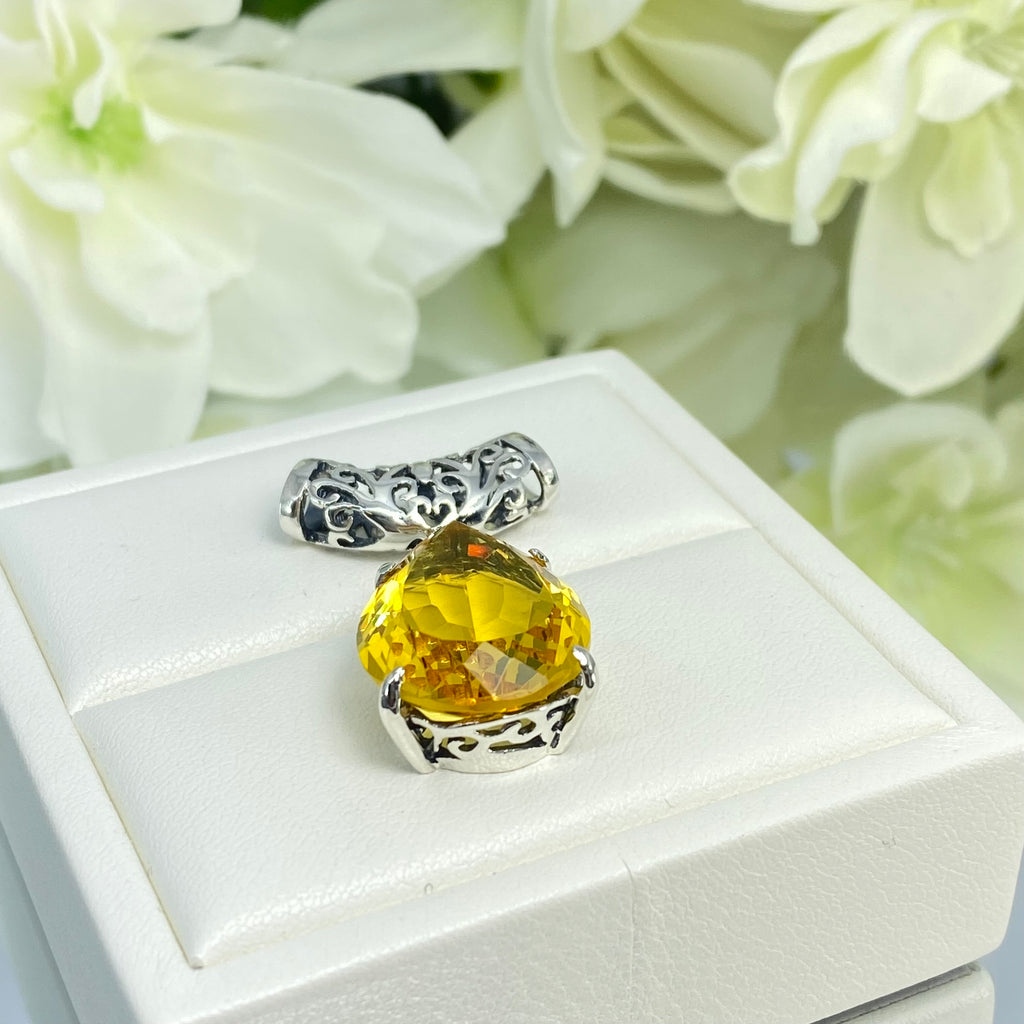 yellow citrine pendant, simulated gemstone, tear drop shape pendant necklace, victorian filigree, P11, Silver Embrace Jewelry
