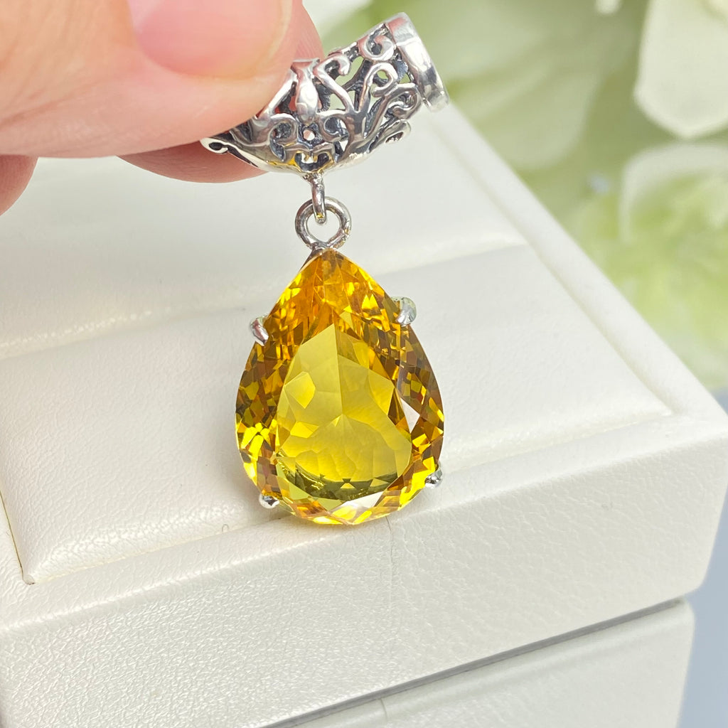 yellow citrine pendant, simulated gemstone, tear drop shape pendant necklace, victorian filigree, P11, Silver Embrace Jewelry