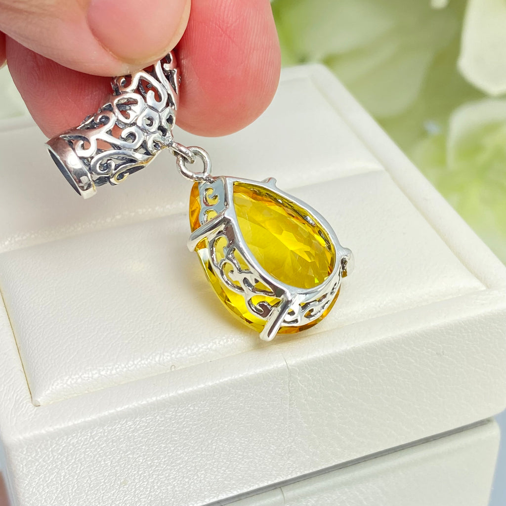 yellow citrine pendant, simulated gemstone, tear drop shape pendant necklace, victorian filigree, P11, Silver Embrace Jewelry