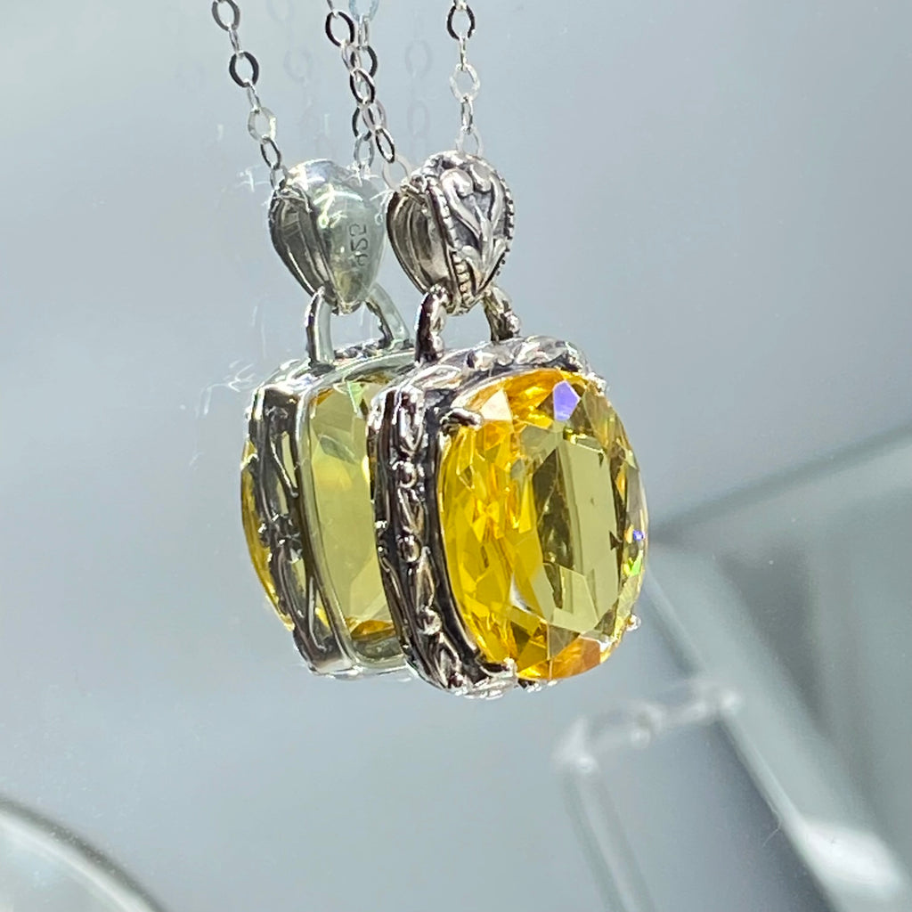 Yellow Citrine Pendant, oval citrine gemstone surrounded by sterling silver leaf accent detail, creating a charming Art Nouveau pendant, Silver Embrace Jewelry, P120