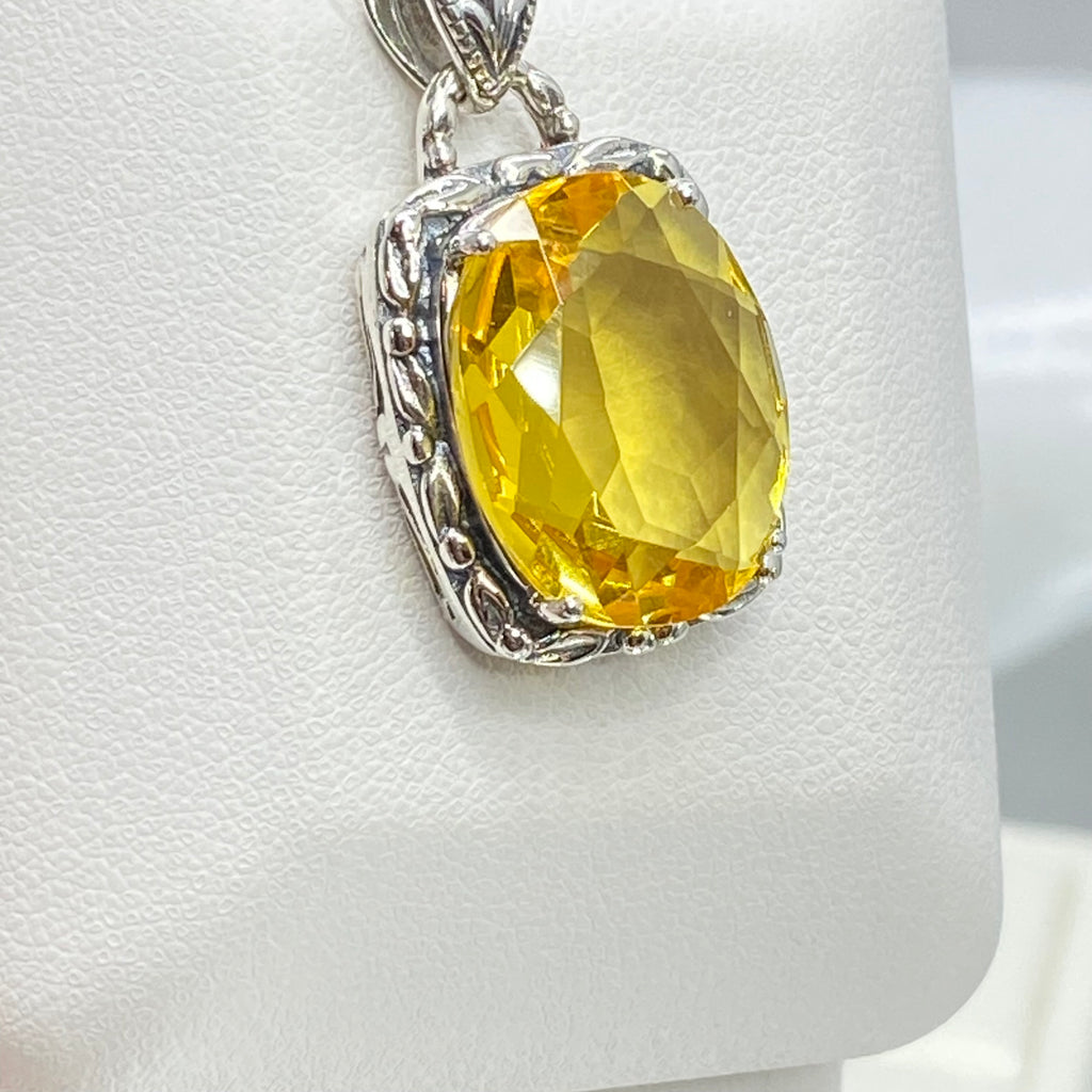 Yellow Citrine Pendant, oval citrine gemstone surrounded by sterling silver leaf accent detail, creating a charming Art Nouveau pendant, Silver Embrace Jewelry, P120