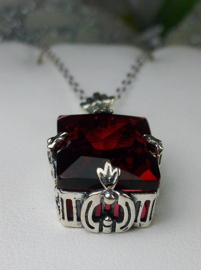 Red Ruby Pendant Necklace, GL Pendant, Art Deco Vintage Jewelry design, Rectangle Gemstone, Vintage Jewelry, Silver Filigree, Silver Embrace Jewelry, P15