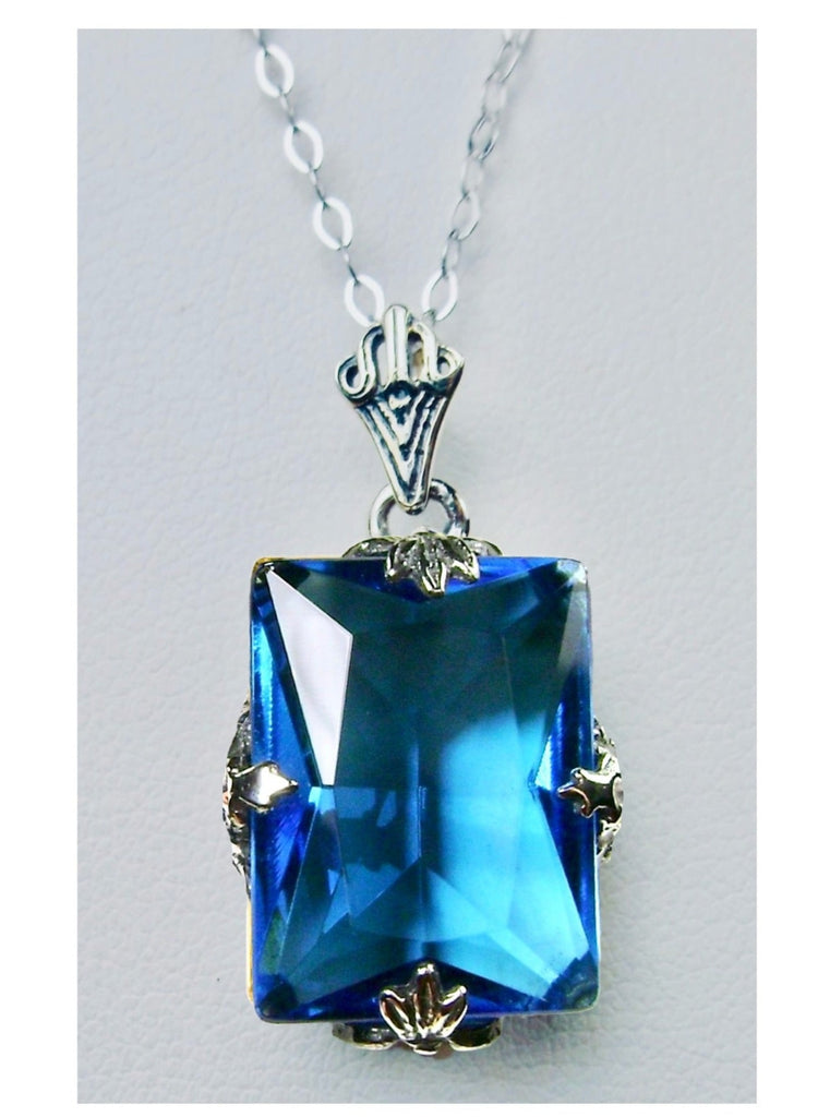 Swiss Blue Topaz Pendant with sterling silver chain, Rectangle Art Deco Jewelry, Vintage style, Silver Embrace Jewelry, P15