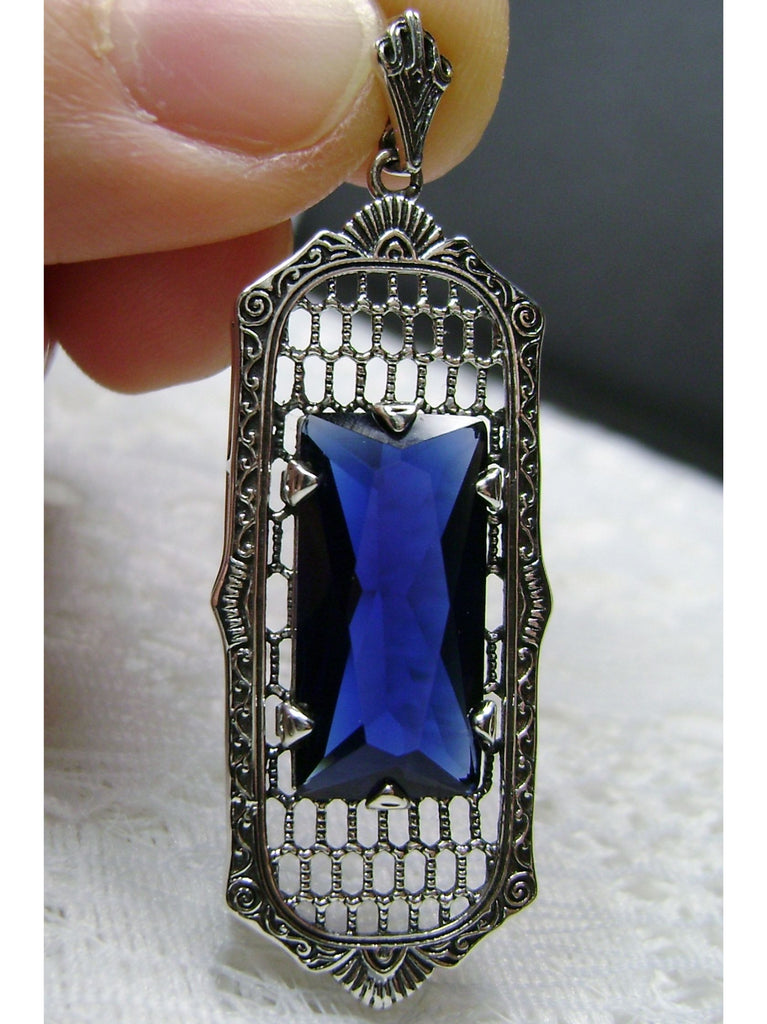 Blue Sapphire Pendant, Art Deco Jewelry, Baguette gemstone, Sterling Silver Filigree, Silver Embrace Jewelry, P16