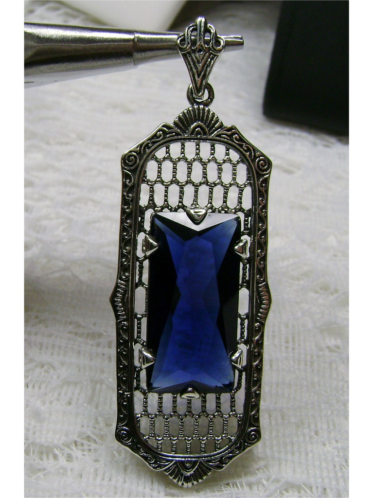 Blue Sapphire Pendant, Art Deco Jewelry, Baguette gemstone, Sterling Silver Filigree, Silver Embrace Jewelry, P16
