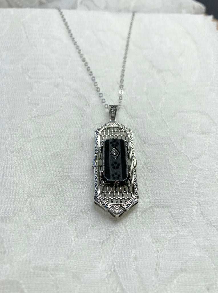 Black Camphor Glass Pendant, Sterling silver Art Deco Filigree, With inset gem, 1930s reproduction jewelry, Baguette, P16
