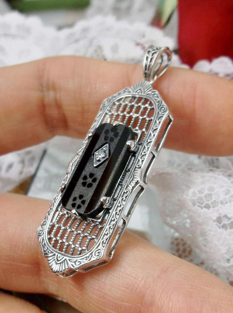 Black Camphor Glass Pendant, Sterling silver Art Deco Filigree, With inset gem, 1930s reproduction jewelry, Baguette, P16