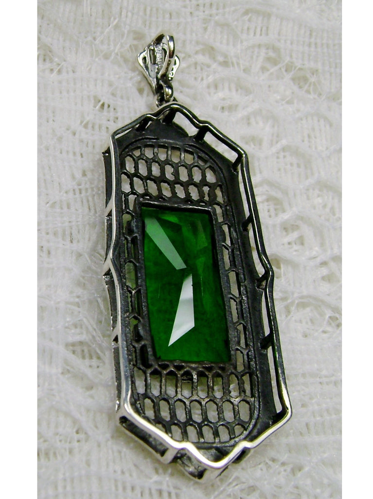 Green Emerald Pendant, Art Deco Jewelry, Baguette gemstone, Sterling Silver Filigree, Silver Embrace Jewelry, P16