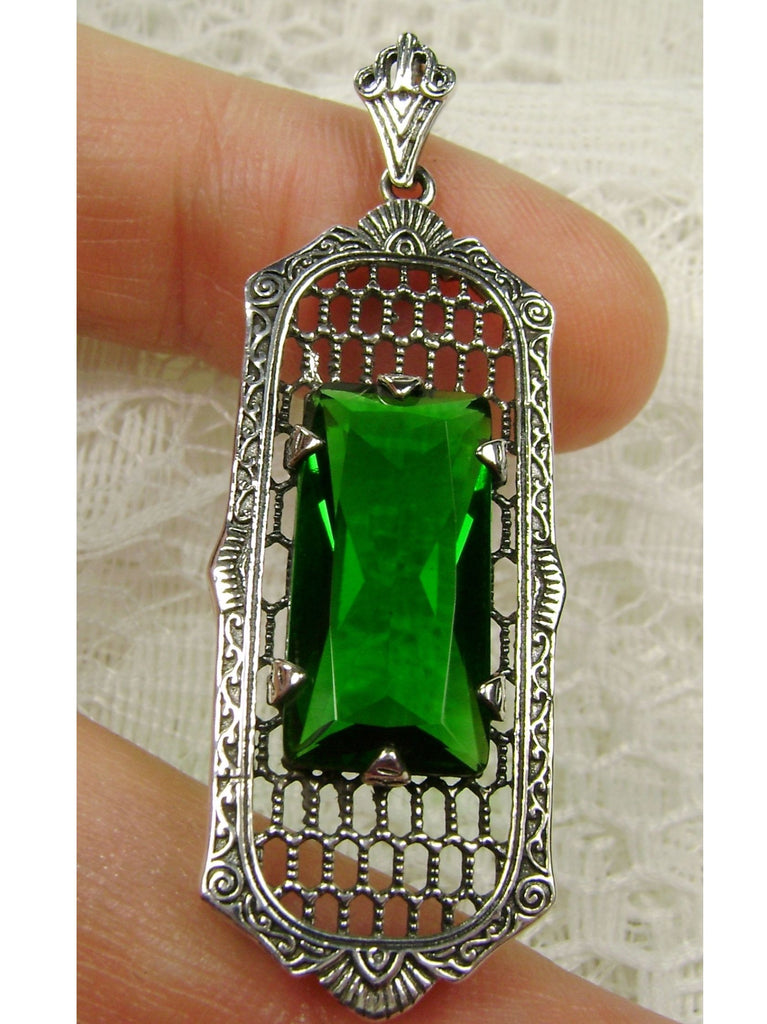 Green Emerald Pendant, Art Deco Jewelry, Baguette gemstone, Sterling Silver Filigree, Silver Embrace Jewelry, P16