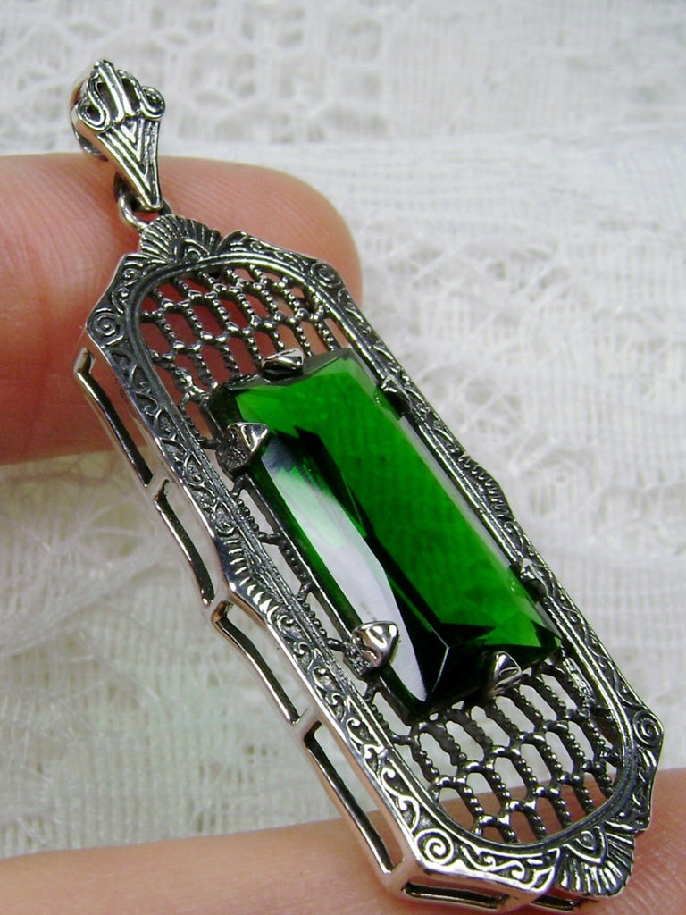 Green Emerald Pendant, Art Deco Jewelry, Baguette gemstone, Sterling Silver Filigree, Silver Embrace Jewelry, P16