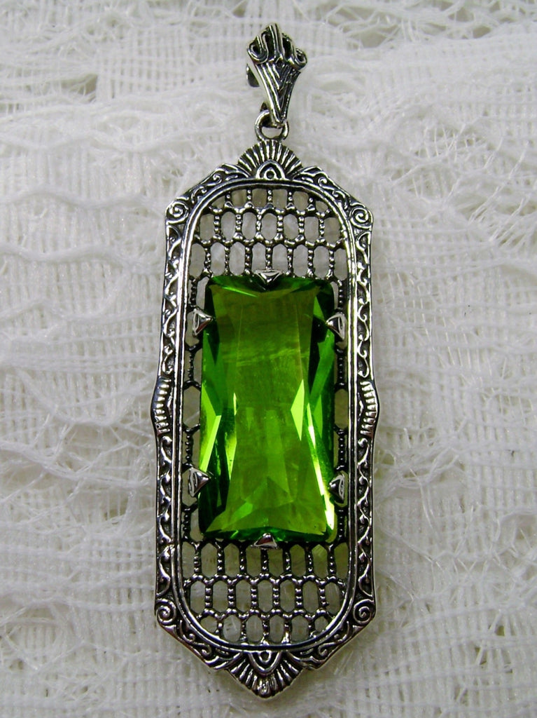 Green Peridot Pendant, Art Deco Jewelry, Baguette gemstone, Sterling Silver Filigree, Silver Embrace Jewelry, P16