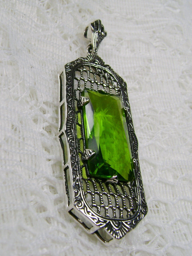 Green Peridot Pendant, Art Deco Jewelry, Baguette gemstone, Sterling Silver Filigree, Silver Embrace Jewelry, P16