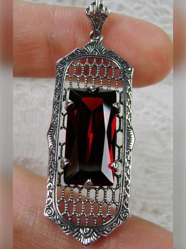 Red Garnet CZ Pendant, Art Deco Jewelry, Baguette gemstone, Sterling Silver Filigree, Silver Embrace Jewelry, P16