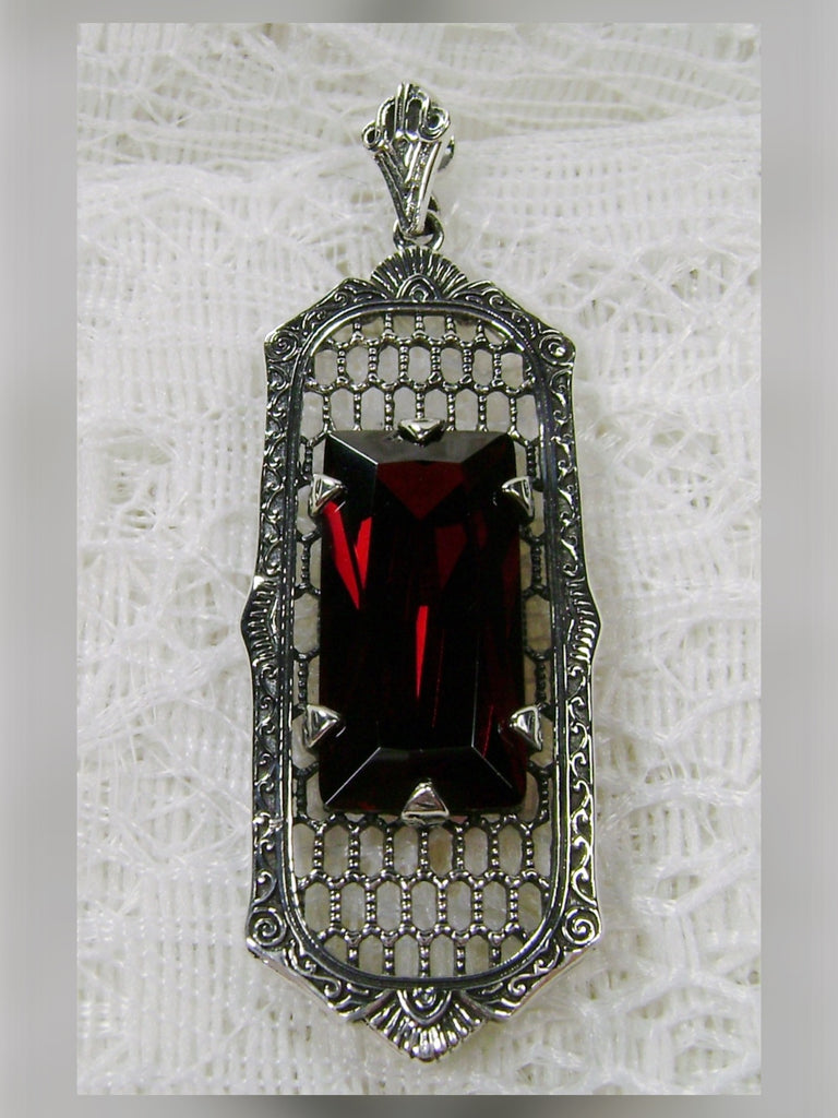 Red garnet CZ Pendant, Art Deco Jewelry, Baguette gemstone, Sterling Silver Filigree, Silver Embrace Jewelry, P16